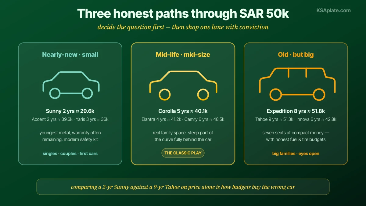 Three honest paths through a 50000 riyal used car budget in Saudi Arabia: nearly new and small such as a two year Nissan Sunny around 29600 riyals with warranty remaining, mid-life and mid-size such as a five year Toyota Corolla around 40000 riyals balancing space and age, or old but big through the full-size loophole such as a seven to nine year Ford Expedition around 42000 to 52000 riyals seating seven with honest fuel and tire costs