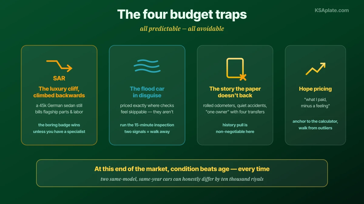 The four traps of the under 50000 riyal used car market in Saudi Arabia as cards: the cheap German luxury car whose parts and repairs cost like the original price, the flood-damaged car priced attractively to make buyers skip checks, the mileage and history story that does not match the records, and the seller pricing hope instead of market answered by anchoring to real valuation data