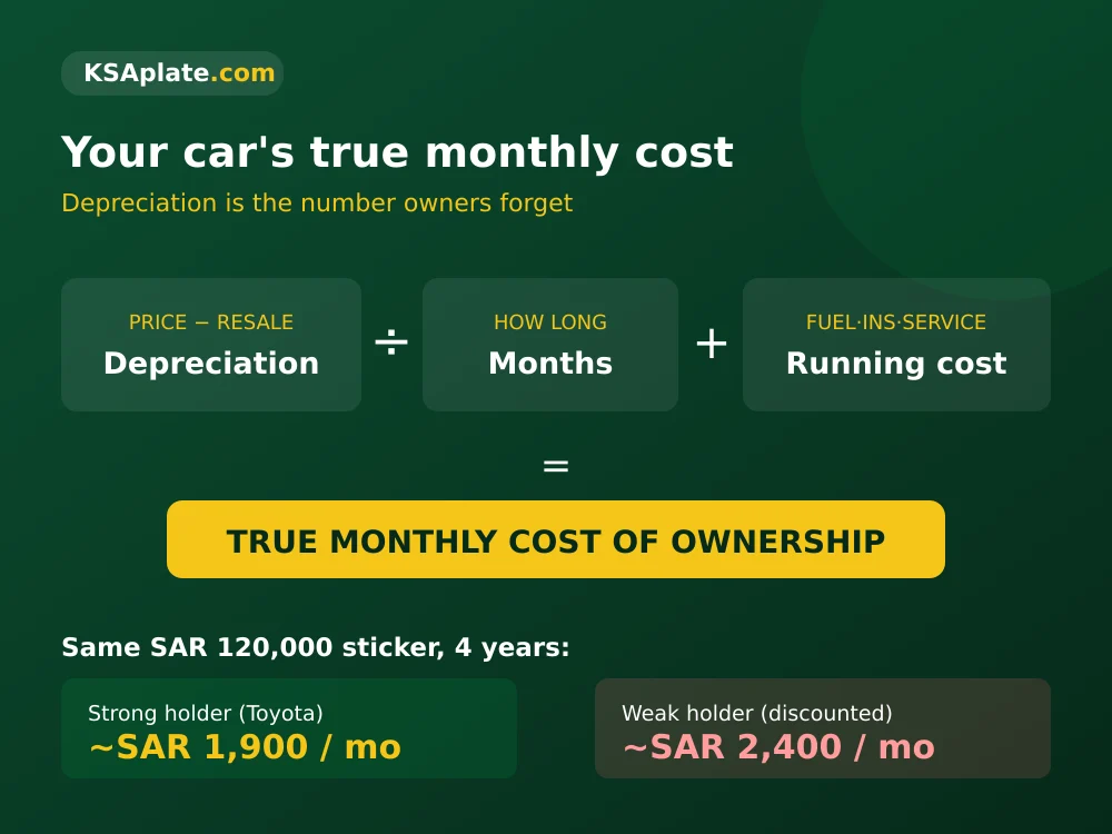 Depreciation-adjusted cost of ownership in Saudi Arabia: purchase price minus resale value divided by months, plus running costs equals true monthly cost