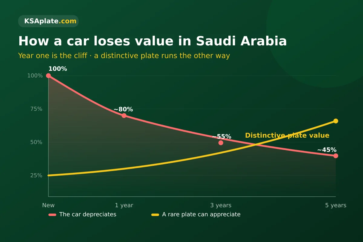 Car depreciation curve in Saudi Arabia showing a new car losing 15-25% in year one and retaining about 45% after five years, versus a distinctive plate line that rises