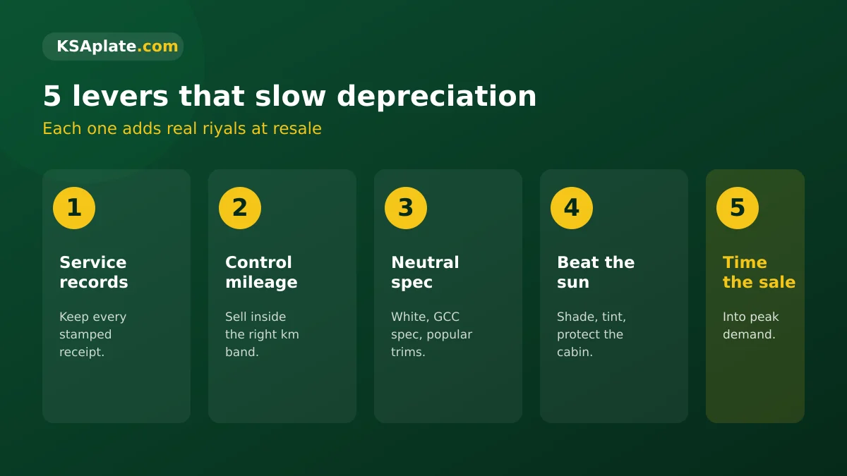 Five numbered levers that slow car depreciation in Saudi Arabia: keep service records, control mileage, choose neutral colours, keep the plate, sell at the right time