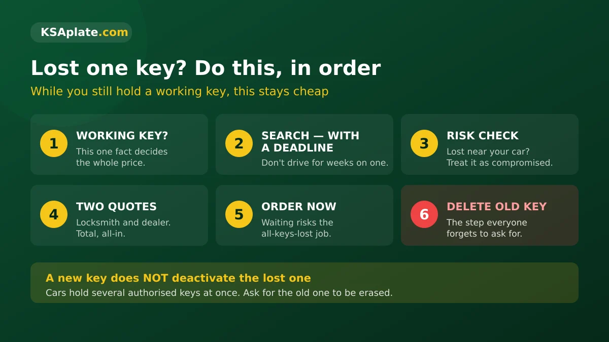 Six steps after losing a car key in Saudi Arabia: confirm a working key, search, assess risk, get quotes, order the duplicate and delete the lost key