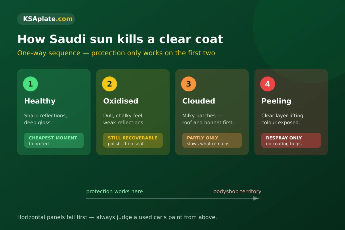 Clear coat failure stages in Saudi Arabia: healthy, oxidised, clouded and peeling, showing the point where only a respray works