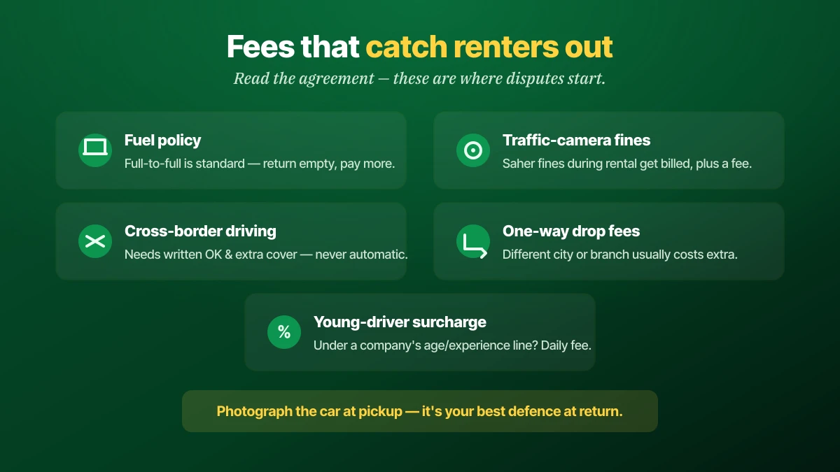 Fees that catch car rental customers out in Saudi Arabia: fuel policy where full-to-full is standard, traffic-camera Saher fines billed after return plus a fee, cross-border driving that needs written permission and extra insurance, one-way drop fees for a different city or branch, and a young-driver surcharge