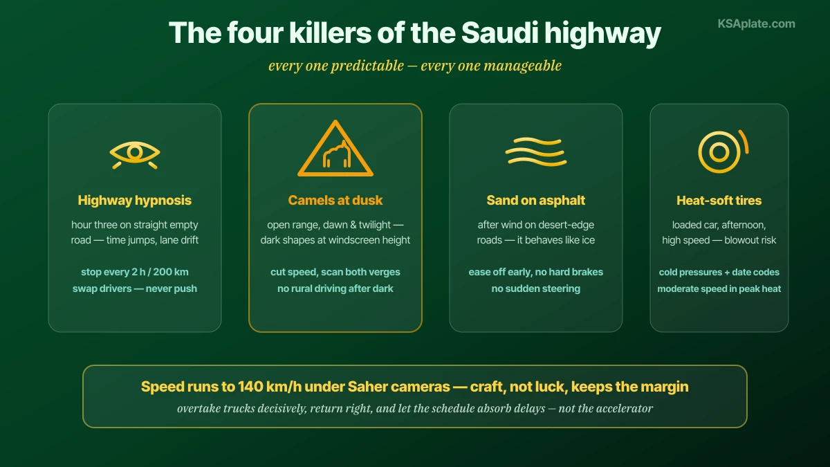 The four main hazards of Saudi highway road trips as cards: highway hypnosis fatigue on long empty straight roads answered by the two hour stop rule, camels crossing open range at dawn and dusk answered by slowing and scanning the verges, sand blown across the asphalt answered by easing off without hard braking or sudden steering, and heat stressed tires answered by correct cold pressures and date code checks before departure