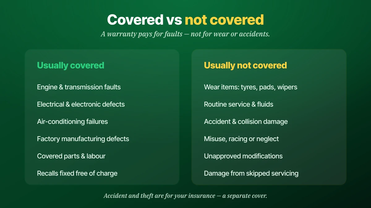 Car warranty in Saudi Arabia covered versus not covered: usually covered are engine and transmission faults, electrical defects, air-conditioning failures, factory manufacturing defects, covered parts and labour, and recalls; usually not covered are wear items like tyres and brake pads, routine service and fluids, accident and collision damage, misuse, unapproved modifications, and damage from skipped servicing