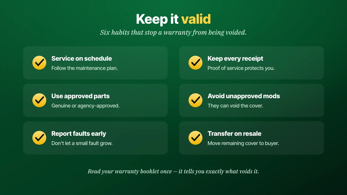 Six habits to keep a Saudi car warranty valid: service on schedule, keep every receipt, use approved parts, avoid unapproved modifications, report faults early, and transfer the warranty on resale