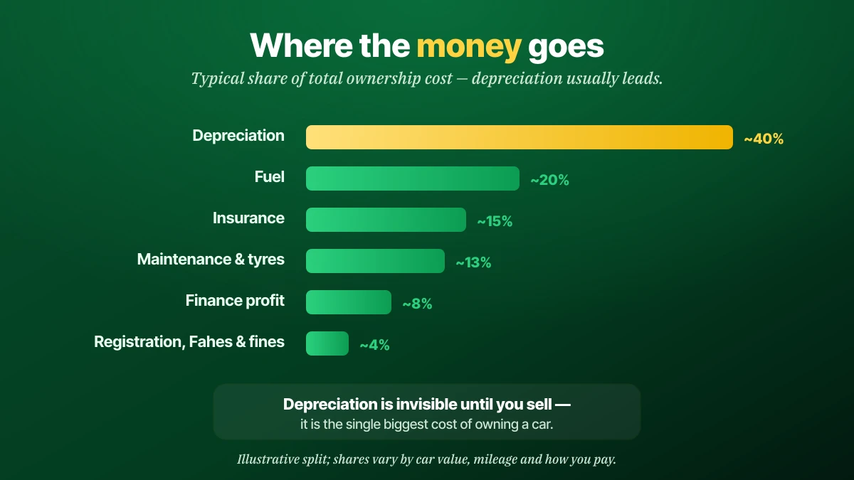 Share of total car ownership cost in Saudi Arabia: depreciation ~40%, fuel ~20%, insurance ~15%, maintenance and tyres ~13%, finance profit ~8%, registration Fahes and fines ~4%