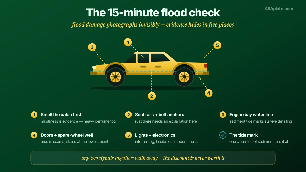 Labinlimang minutong pagsusuri ng flood damage para sa mga used na kotse sa Saudi Arabia na ipinapakita sa sedan na may mga marka: amuyin ang cabin para sa amag o matapang na pabangong nagtatakip, hanapin ang water lines sa loob ng mga pinto at engine bay, suriin ang tuyong putik sa mga siwang ng wiring at connector, tingnan ang seat rails at belt anchors para sa kalawang na di-karaniwan sa tuyong klima, at suriin ang headlights at taillights para sa panloob na hamog o bagong di-pabrikang kapalit