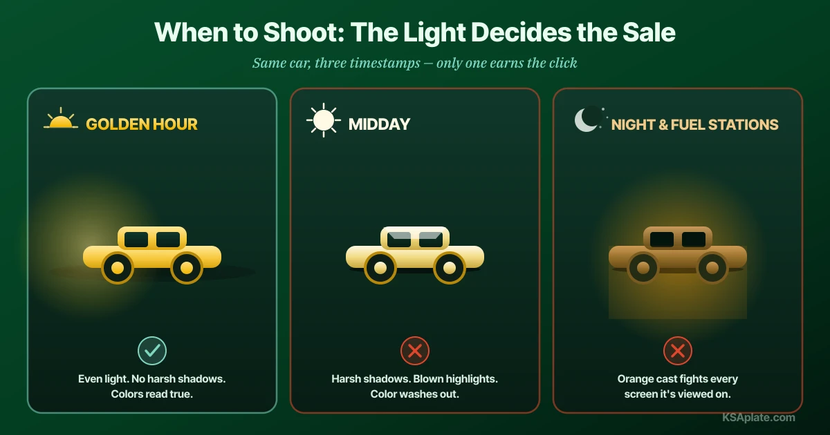 The best times of day to photograph a car for sale in Saudi Arabia shown on a sun timeline: the golden hour shortly after sunrise and the hour before sunset give low warm light that flatters paint and hides nothing harshly, the vertical midday sun from around ten to four creates hard shadows and blown highlights and should be avoided, and night photography under street or fuel station lighting is the worst choice of all