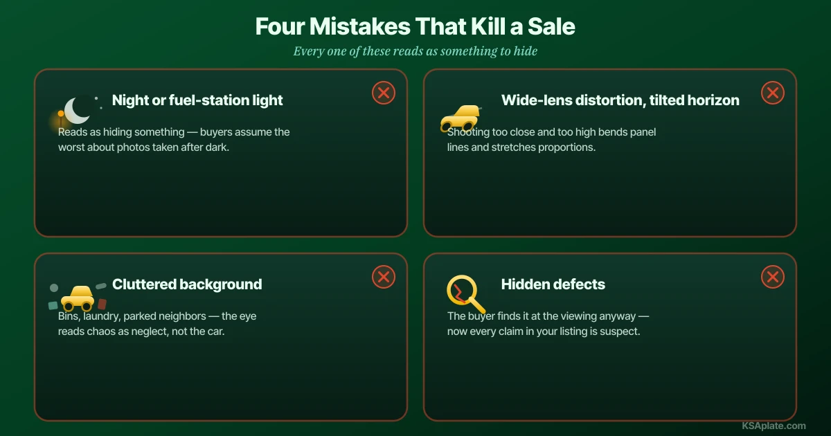 The four listing photo mistakes that kill car sales in Saudi Arabia as cards: shooting at night or under fuel station lighting which reads as hiding something, wide lens distortion and tilted horizons from shooting too close and too high, cluttered backgrounds and personal items still in the cabin, and hiding defects that the buyer will find at the viewing anyway which kills the deal at the worst moment