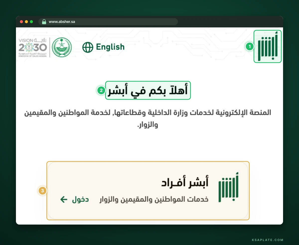 The official Absher start page at absher.sa with the Absher logo, welcome heading and the Absher Individuals entry