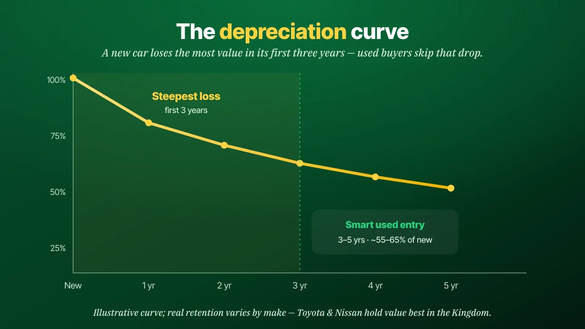 Car depreciation curve in Saudi Arabia showing the steepest value loss in the first three years and a smart used-car entry point at 3 to 5 years