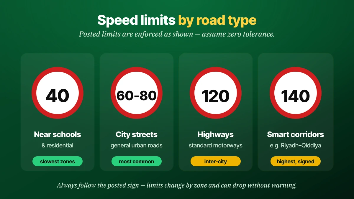 Saudi Arabia speed limits by road type: 40 km/h near schools, 60-80 city streets, 120 highways, 140 smart corridors