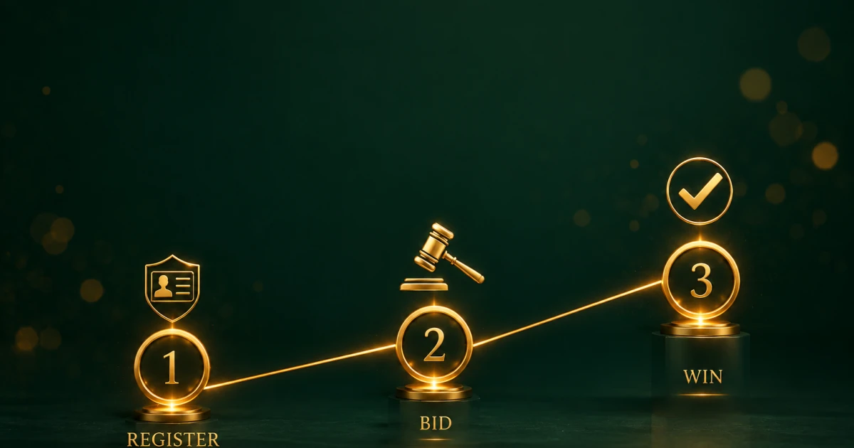 How a Saudi government plate auction works step by step — Absher account, browsing lots, bidding, winning and issuance, on KSAplate