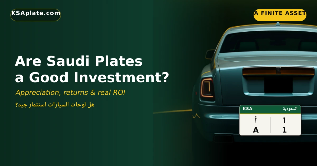 Saudi license plates as an investment asset class in 2026, with a premium single-digit trophy plate and its SAR value on KSAplate