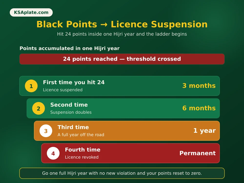 Diagram of the Saudi black points suspension ladder: 24 points triggers 3 months, then 6 months, then 1 year, then permanent revocation