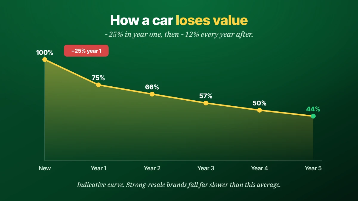 Used car depreciation curve in Saudi Arabia: about 25% loss in year one, then 10-15% each year, keeping about 44% after five years