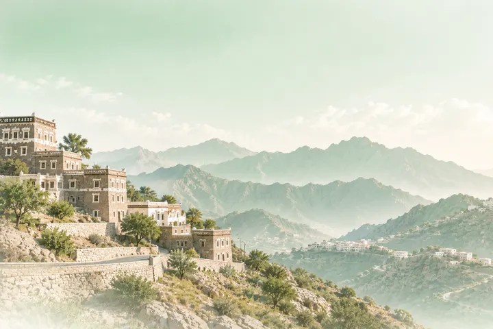 Stone houses with white quartz banding on a ridge above Abha, the Asir mountains layered into the haze