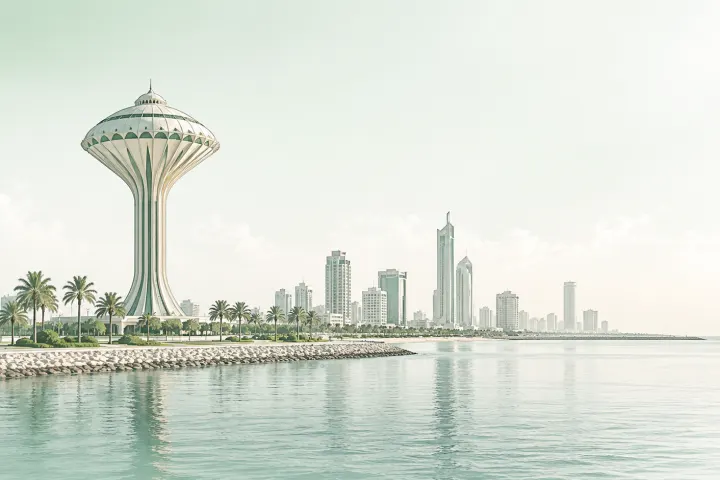 The Khobar water tower on the Gulf shore with the high-rise skyline of the city behind it
