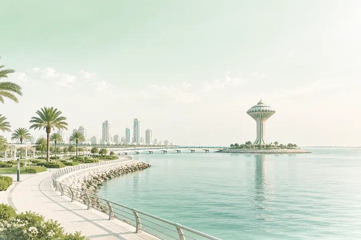 The Dammam Corniche curving along the Gulf between palm trees, the water tower out on the bay