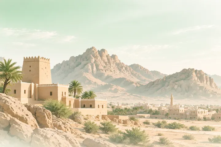 A mud-brick watchtower on the rocks above Hail, the low town spread out beneath bare mountains