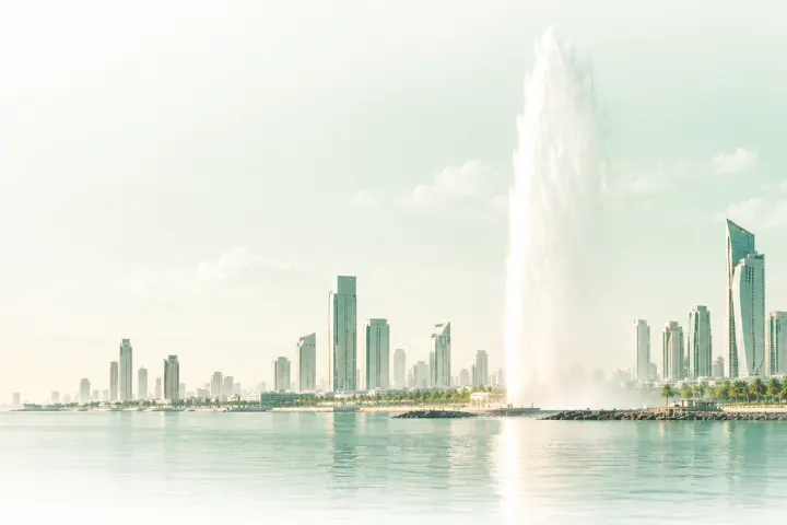 The King Fahd Fountain throwing its jet high over the Red Sea, the Jeddah Corniche skyline behind it