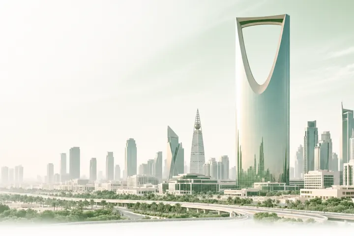 Riyadh skyline in pale daylight, the arched crown of the Kingdom Centre rising above the Olaya towers