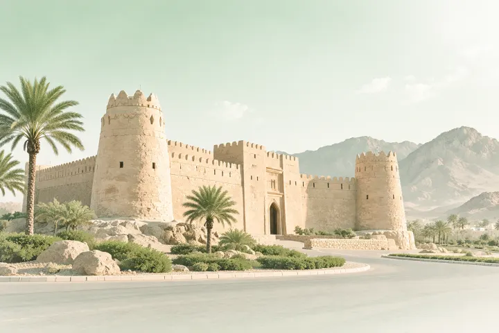 A walled desert fort with crenellated towers and palm trees near Tabuk, bare mountains behind the ramparts