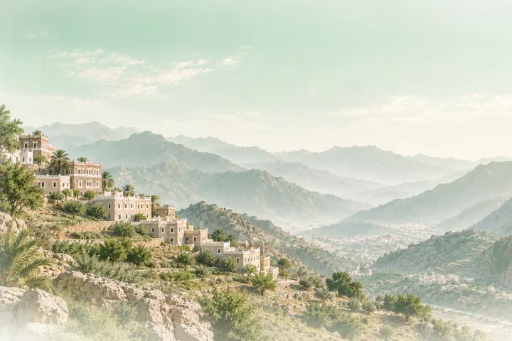 A terraced village on the escarpment above Taif, the valley and the town far below in morning haze