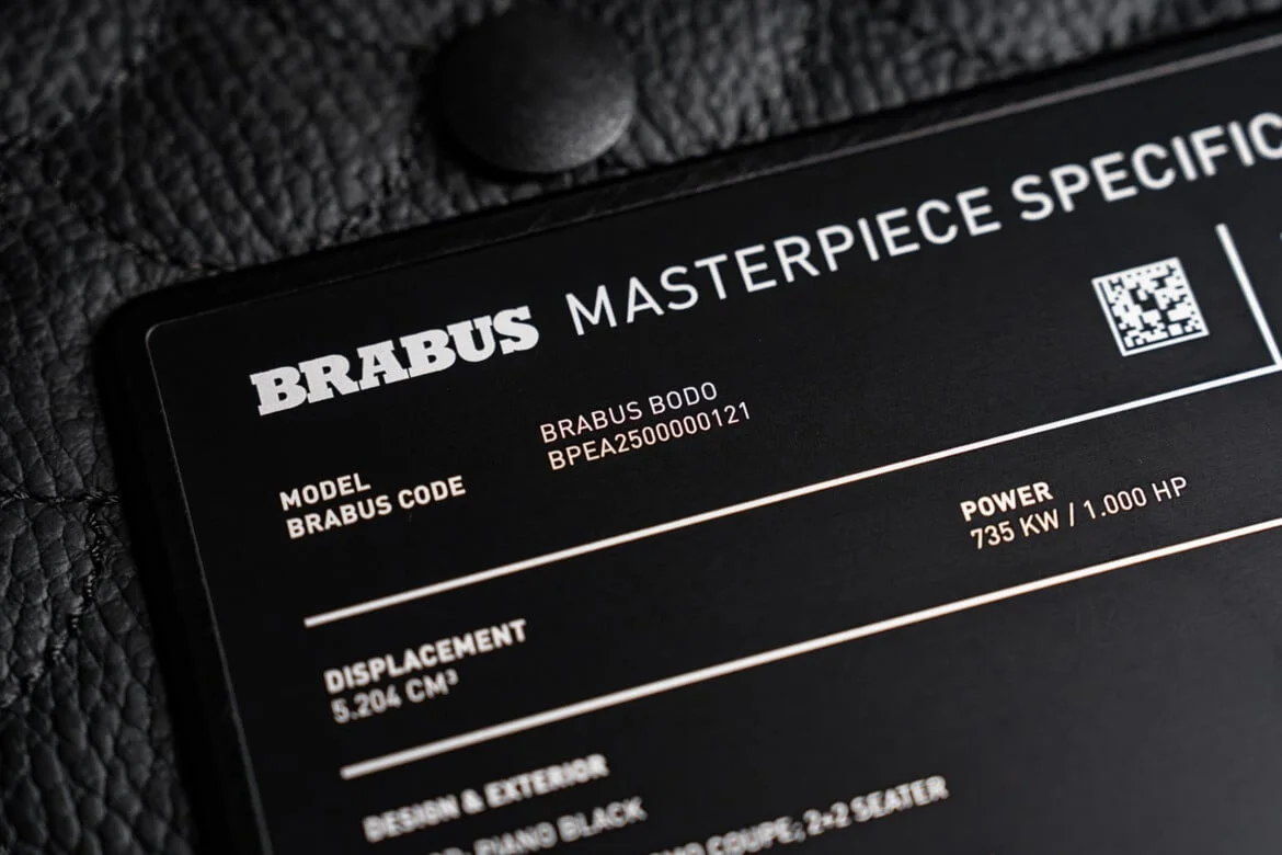 BRABUS BODO Masterpiece specification plaque — BRABUS Code BPEA2500000121, 735 kW / 1000 HP