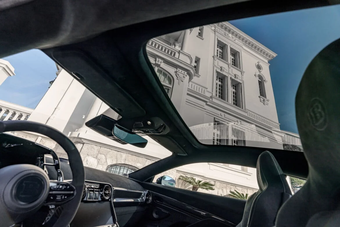 BRABUS BODO interior view through panoramic roof and rear glass — alcantara headlining